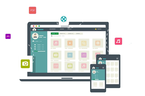 Eine Zeichnung eines Laptops, eines Tablets und eines Mobiltelefons. Die Bildschirme zeigen beispielhafte Software.